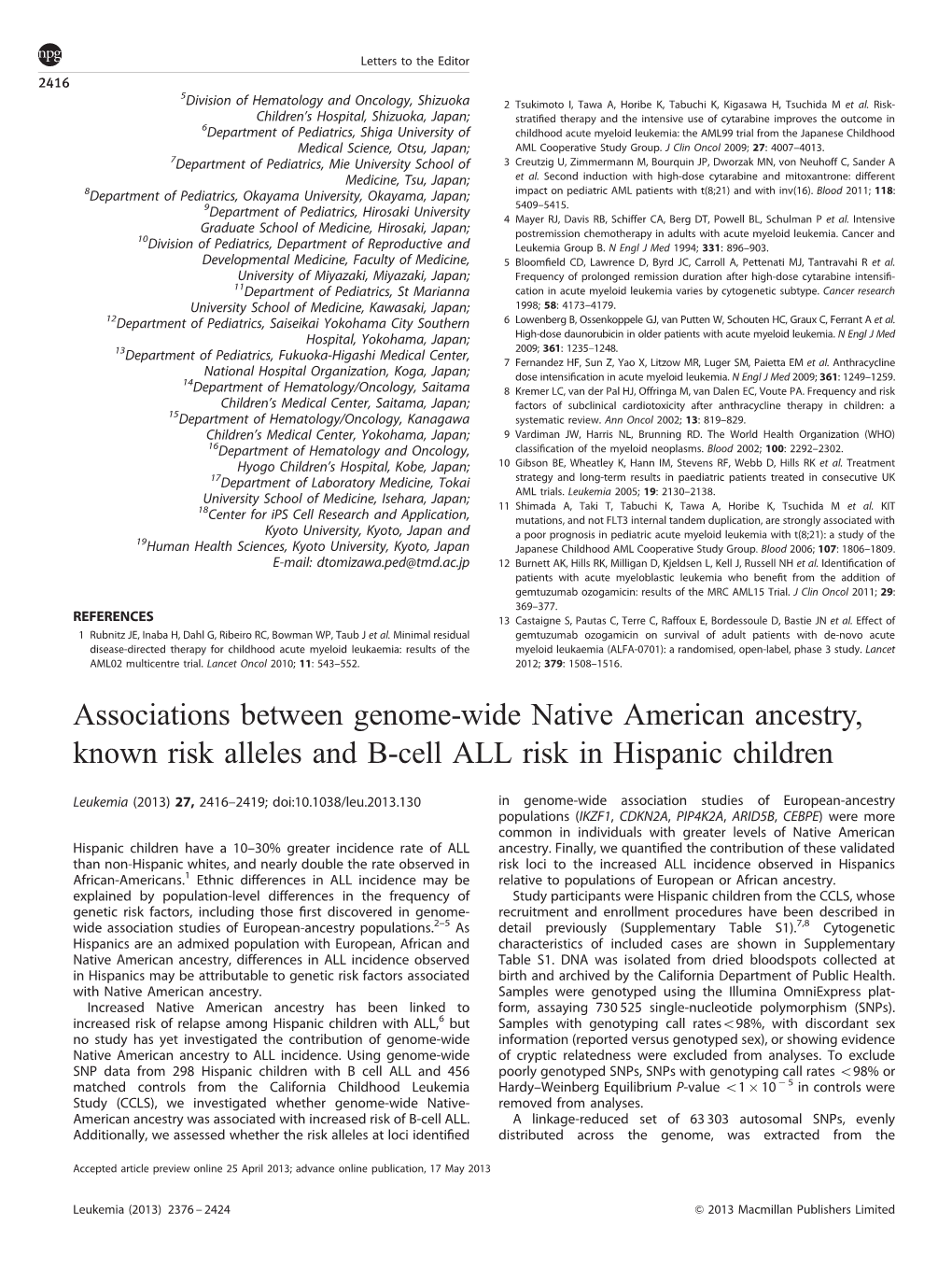 Associations Between Genome-Wide Native American Ancestry, Known Risk Alleles and B-Cell ALL Risk in Hispanic Children