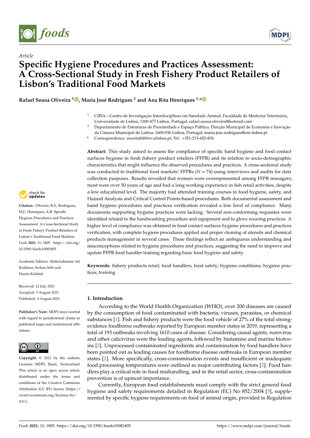 Specific Hygiene Procedures and Practices Assessment: a Cross-Sectional Study in Fresh Fishery Product Retailers of Lisbon's T