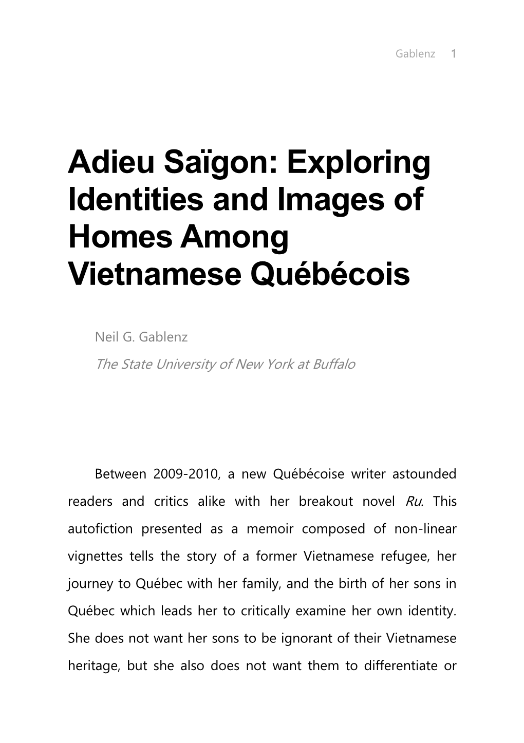 Adieu Saïgon: Exploring Identities and Images of Homes Among Vietnamese Québécois