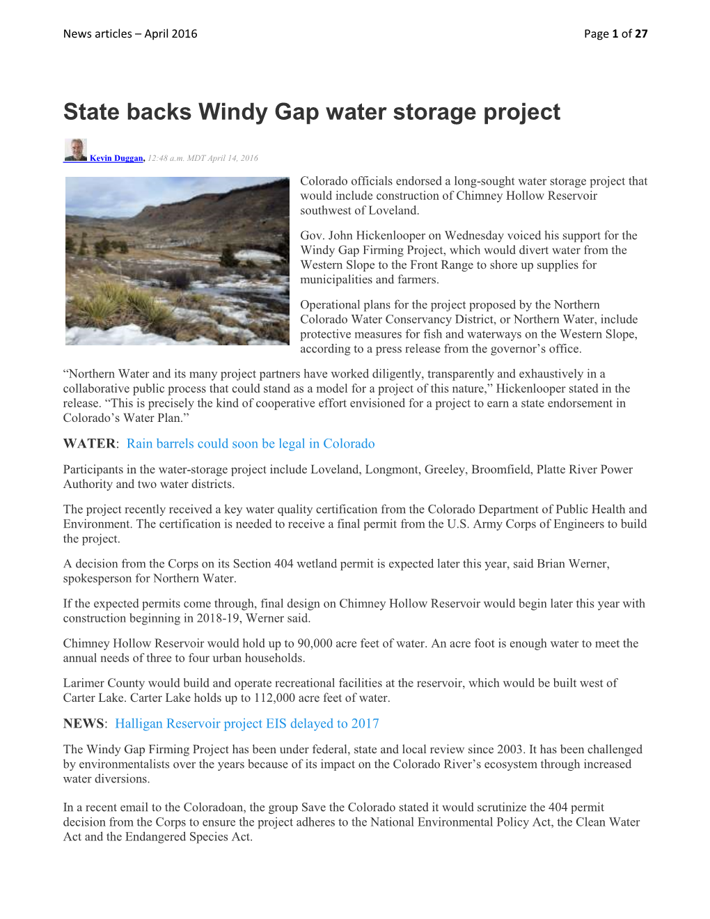 State Backs Windy Gap Water Storage Project