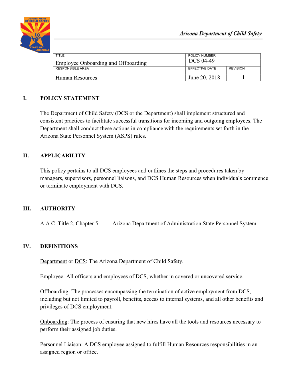 Employee Onboarding and Offboarding DCS 04-49 RESPONSIBLE AREA EFFECTIVE DATE REVISION