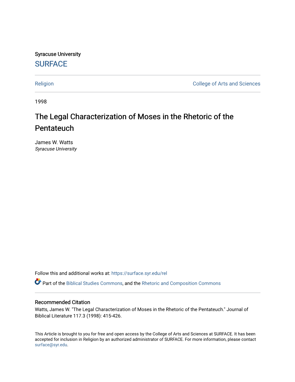 The Legal Characterization of Moses in the Rhetoric of the Pentateuch