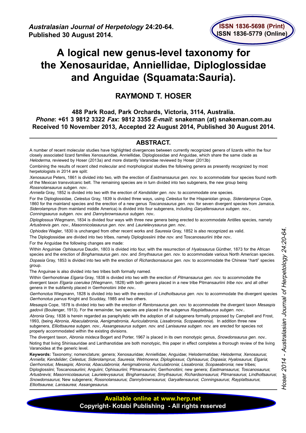 A Logical New Genus-Level Taxonomy for the Xenosauridae, Anniellidae, Diploglossidae and Anguidae (Squamata:Sauria)