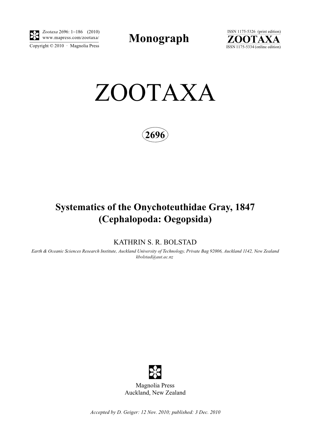 Systematics of the Onychoteuthidae Gray, 1847 (Cephalopoda: Oegopsida)