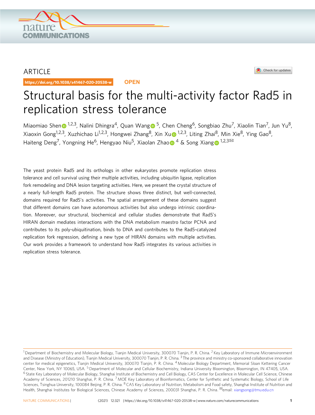 Structural Basis for the Multi-Activity Factor Rad5 in Replication Stress Tolerance