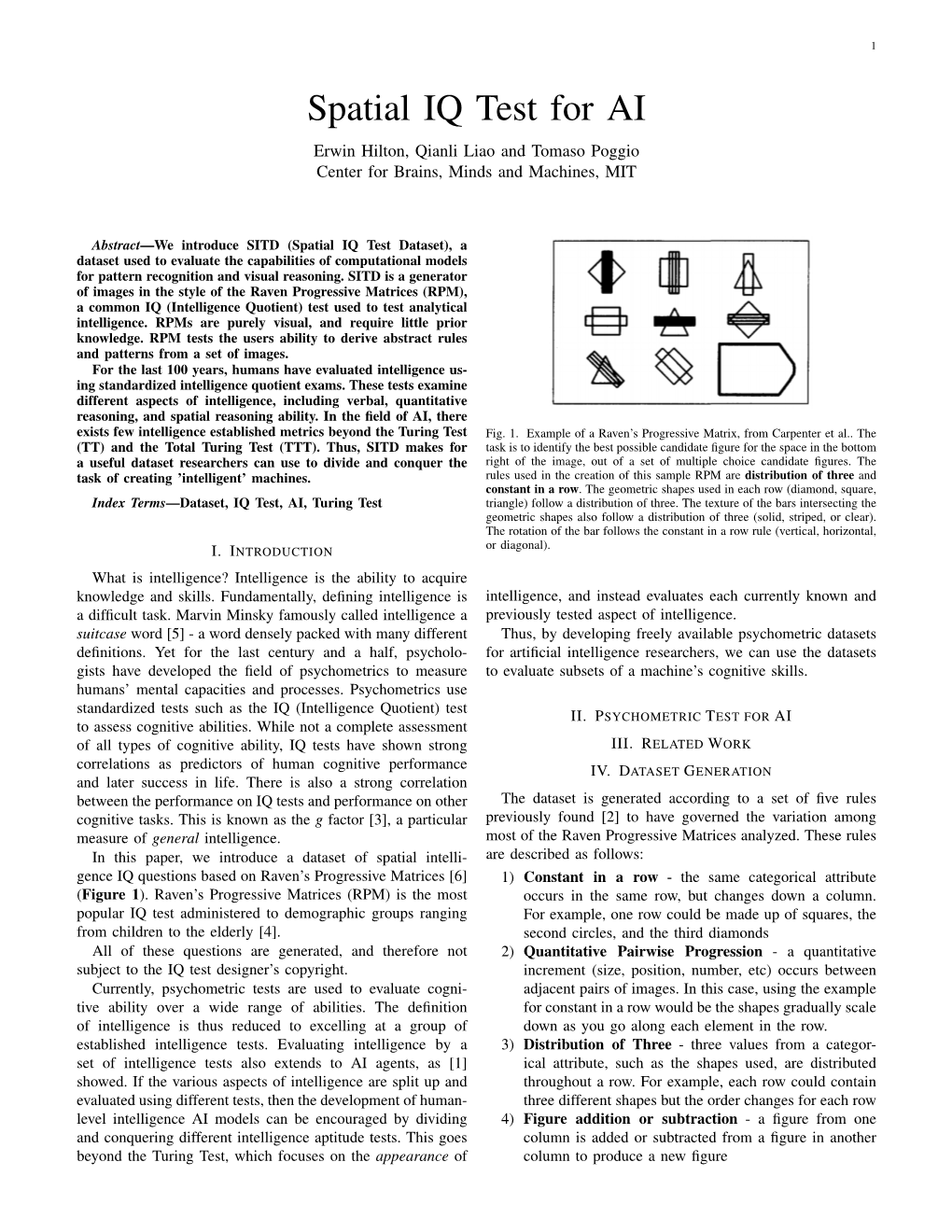 Spatial IQ Test for AI Erwin Hilton, Qianli Liao and Tomaso Poggio Center for Brains, Minds and Machines, MIT