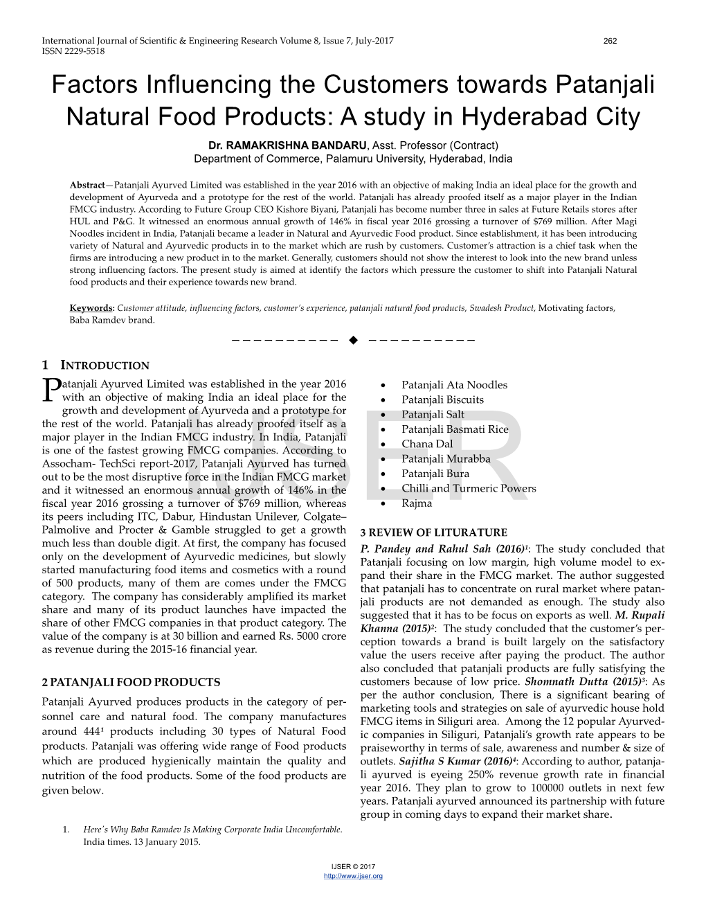 Factors Influencing the Customers Towards Patanjali Natural Food Products: a Study in Hyderabad City Dr