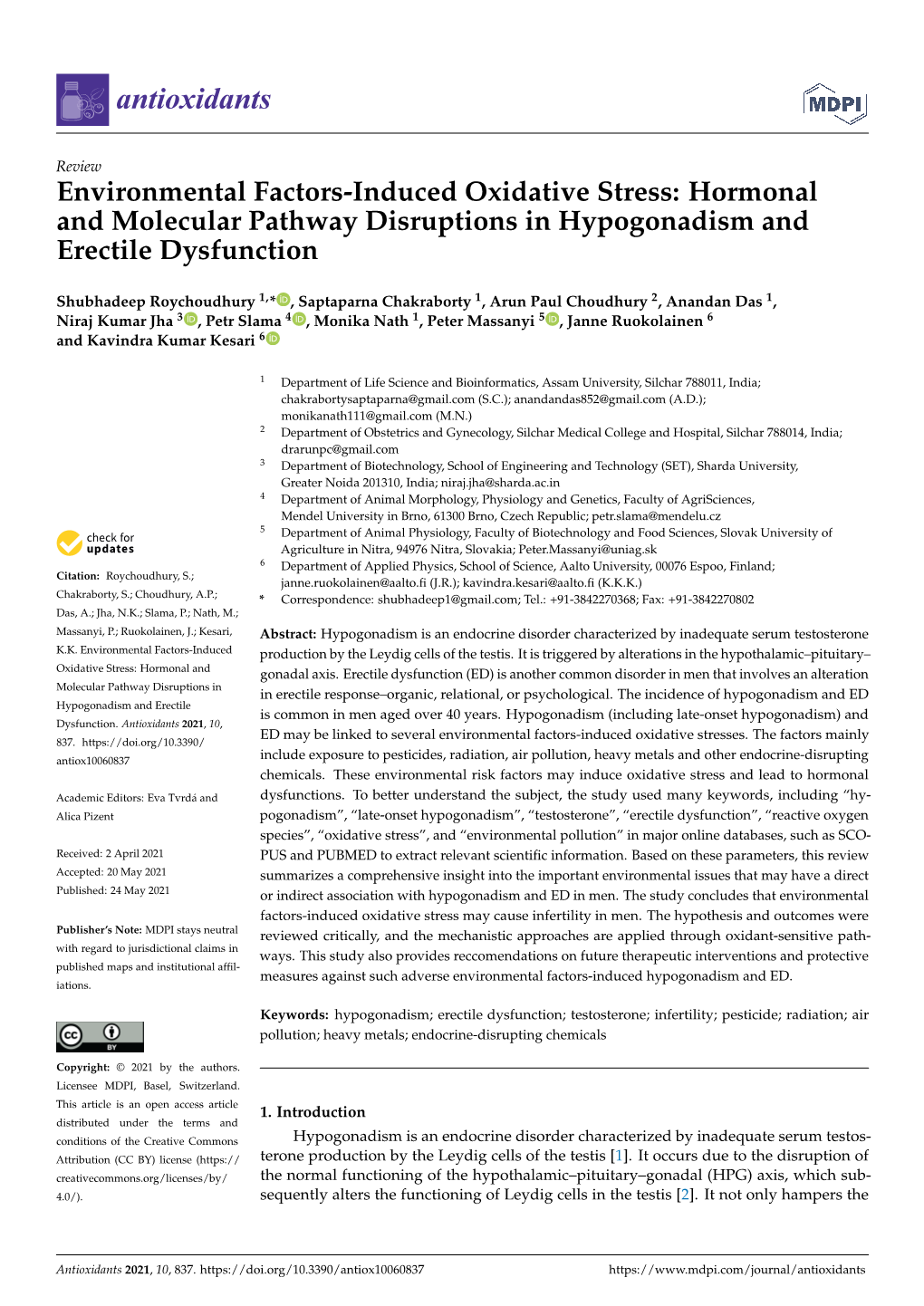 Environmental Factors-Induced Oxidative Stress: Hormonal and Molecular Pathway Disruptions in Hypogonadism and Erectile Dysfunction