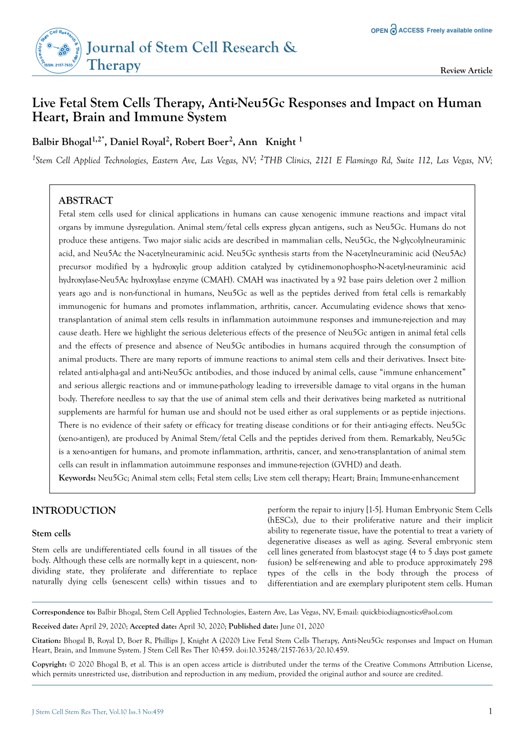 Live Fetal Stem Cells Therapy, Anti-Neu5gc Responses and Impact on Human Heart, Brain and Immune System