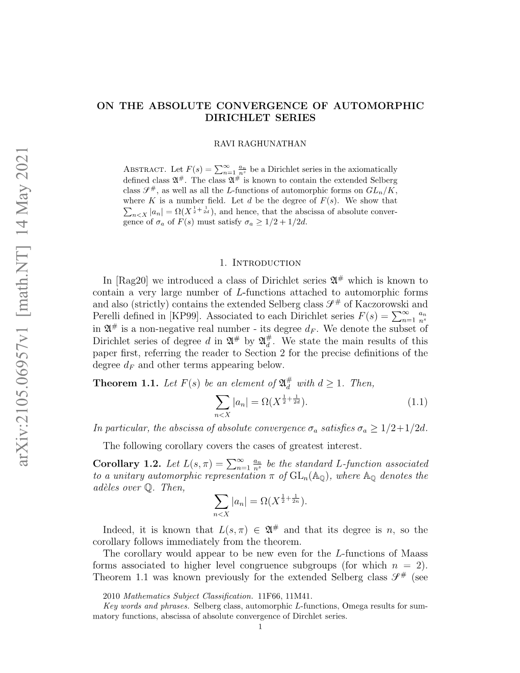 Arxiv:2105.06957V1 [Math.NT] 14 May 2021 Hoe