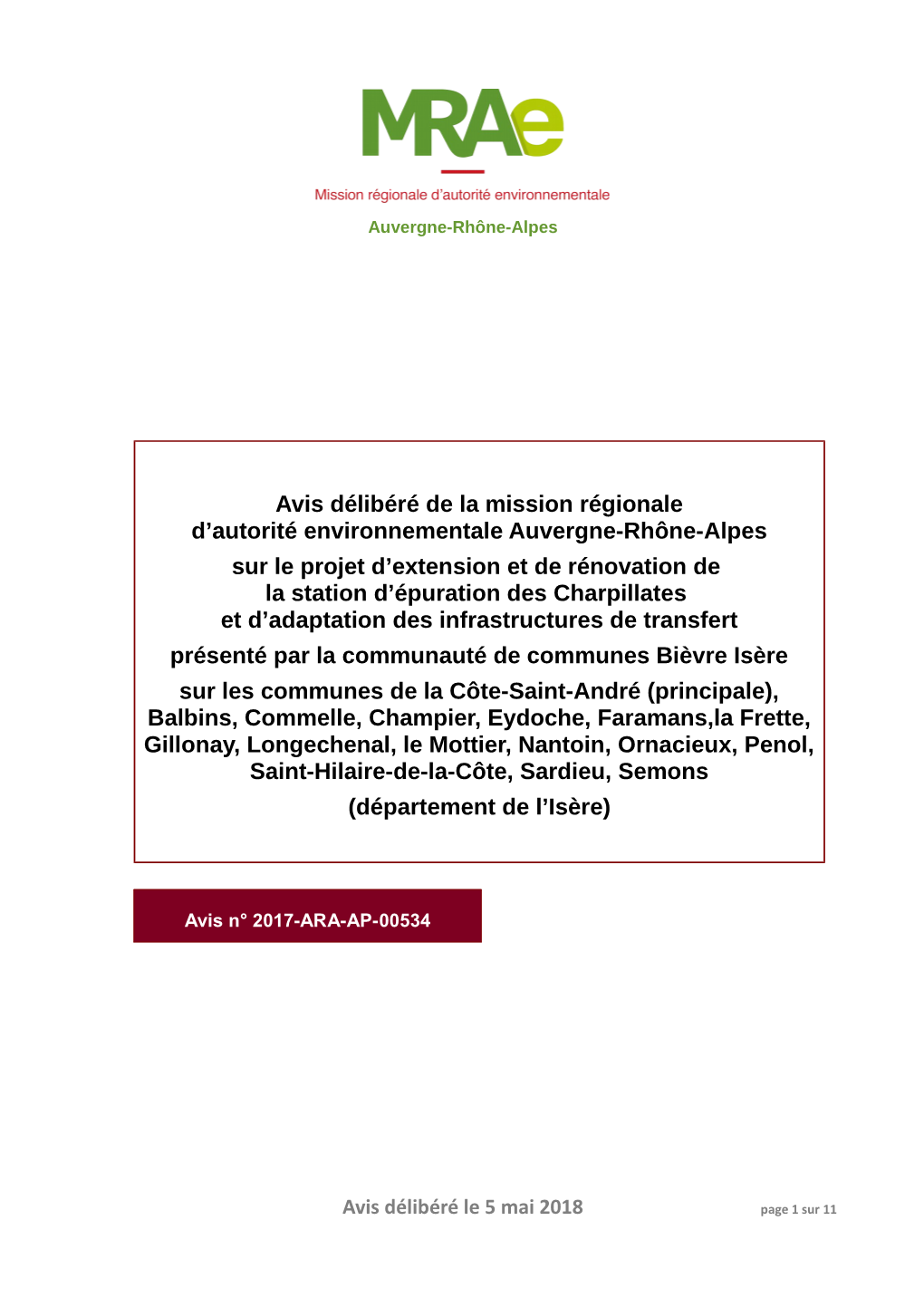 Avis Délibéré De La Mission Régionale D'autorité Environnementale Auvergne-Rhône-Alpes Sur Le Projet D'extension Et De