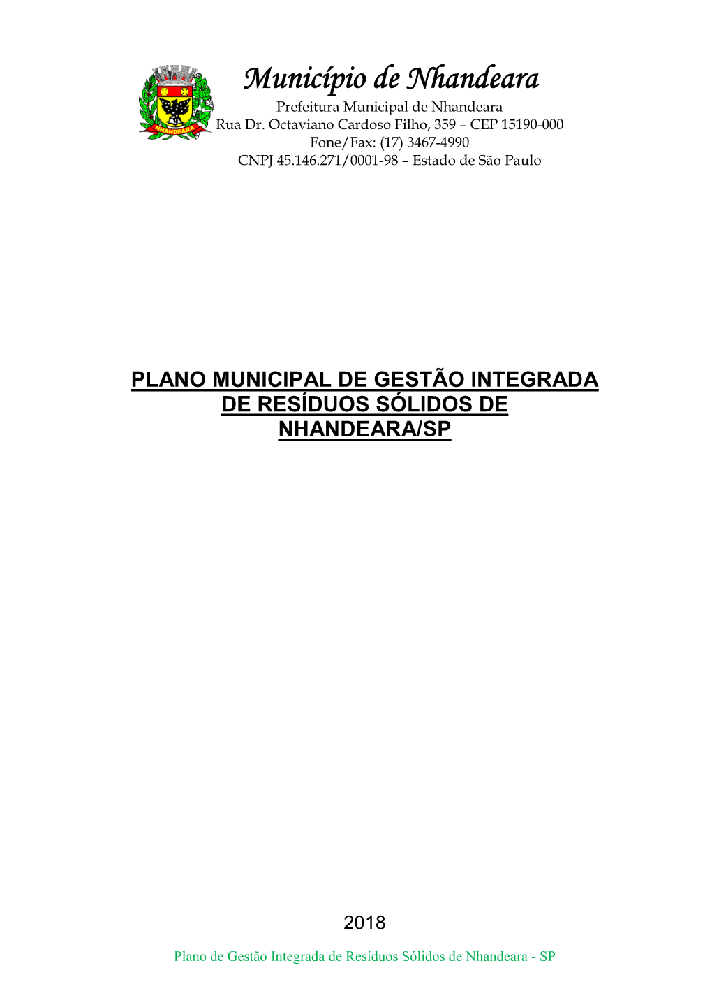 Plano Municipal De Gestão Integrada De Resíduos Sólidos De Nhandeara/Sp