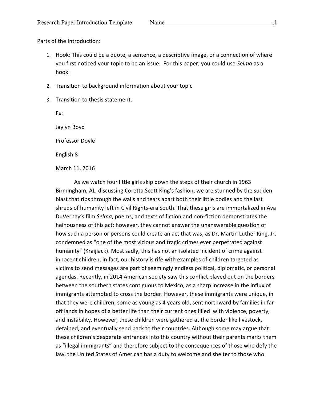 Research Paper Introduction Template Name ,1