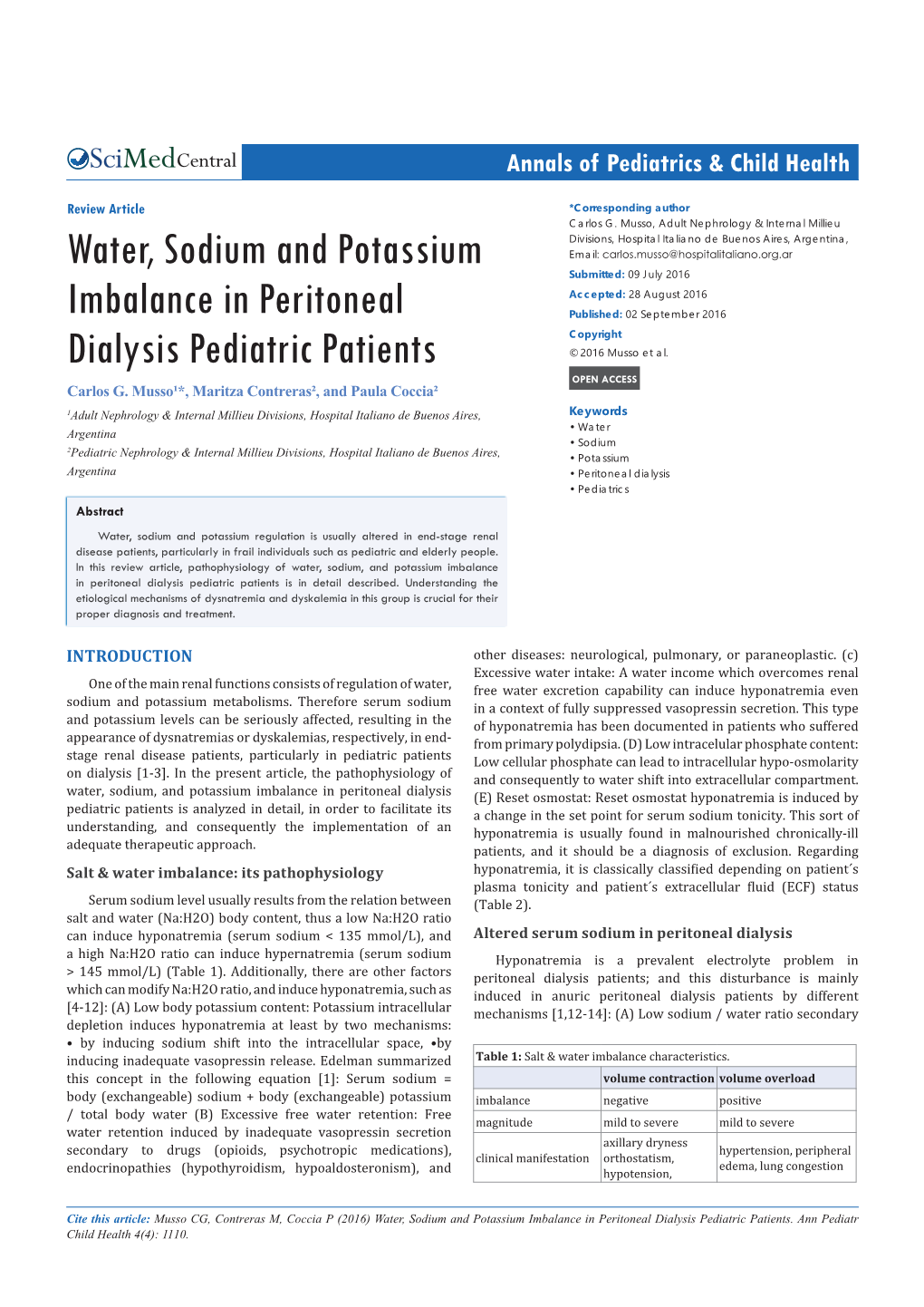 Water, Sodium and Potassium Imbalance in Peritoneal Dialysis Pediatric Patients