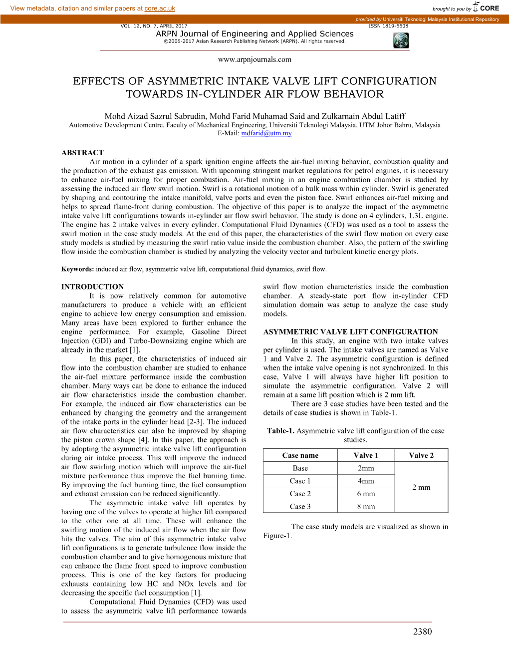 Effects of Asymmetric Intake Valve Lift Configuration Towards In-Cylinder Air Flow Behavior