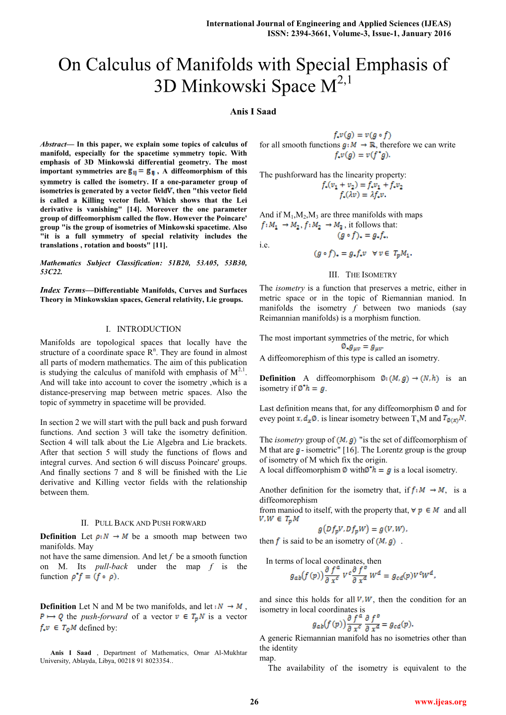 On Calculus of Manifolds with Special Emphasis of 3D Minkowski Space M2,1
