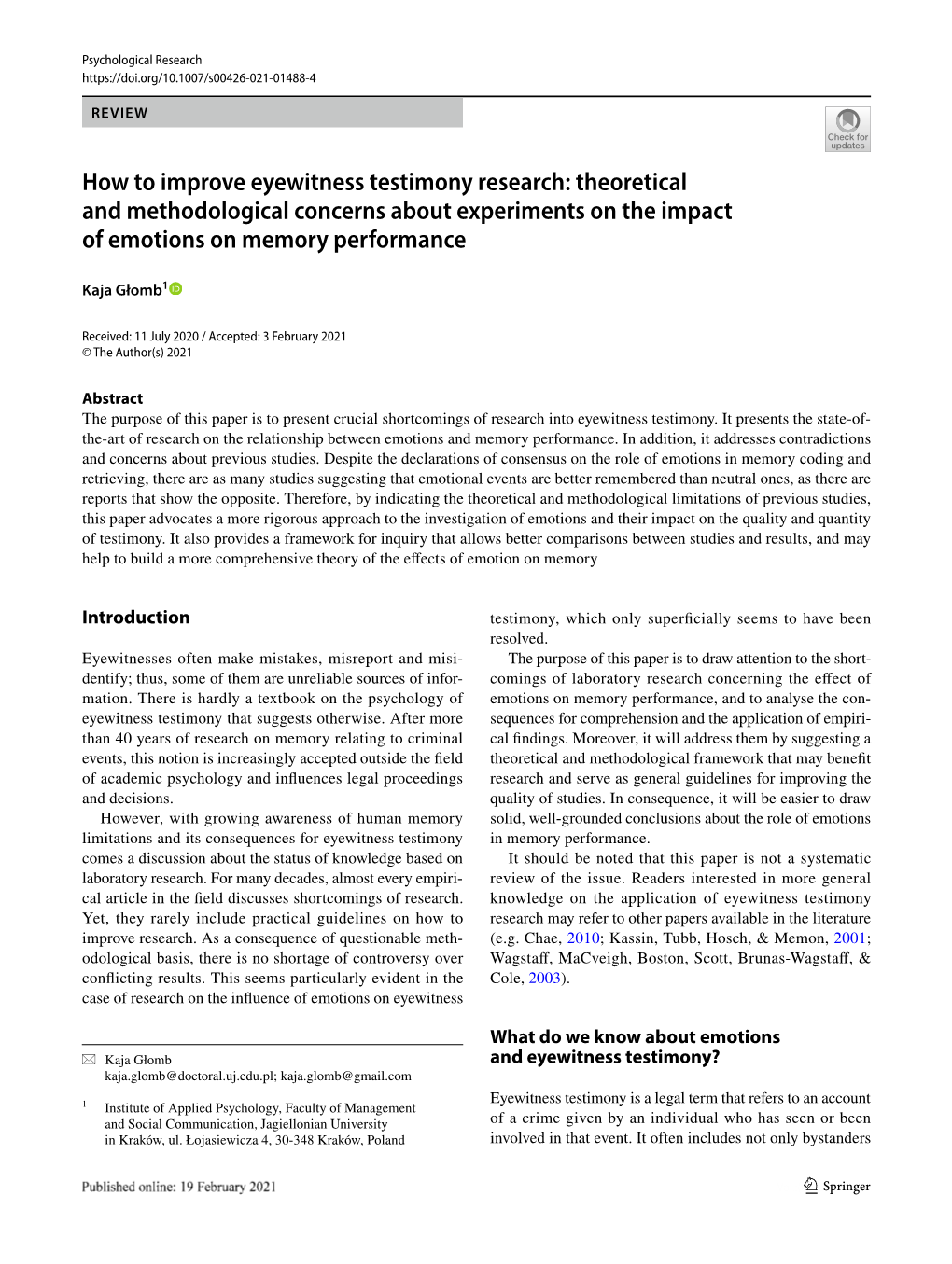 How to Improve Eyewitness Testimony Research: Theoretical and Methodological Concerns About Experiments on the Impact of Emotions on Memory Performance