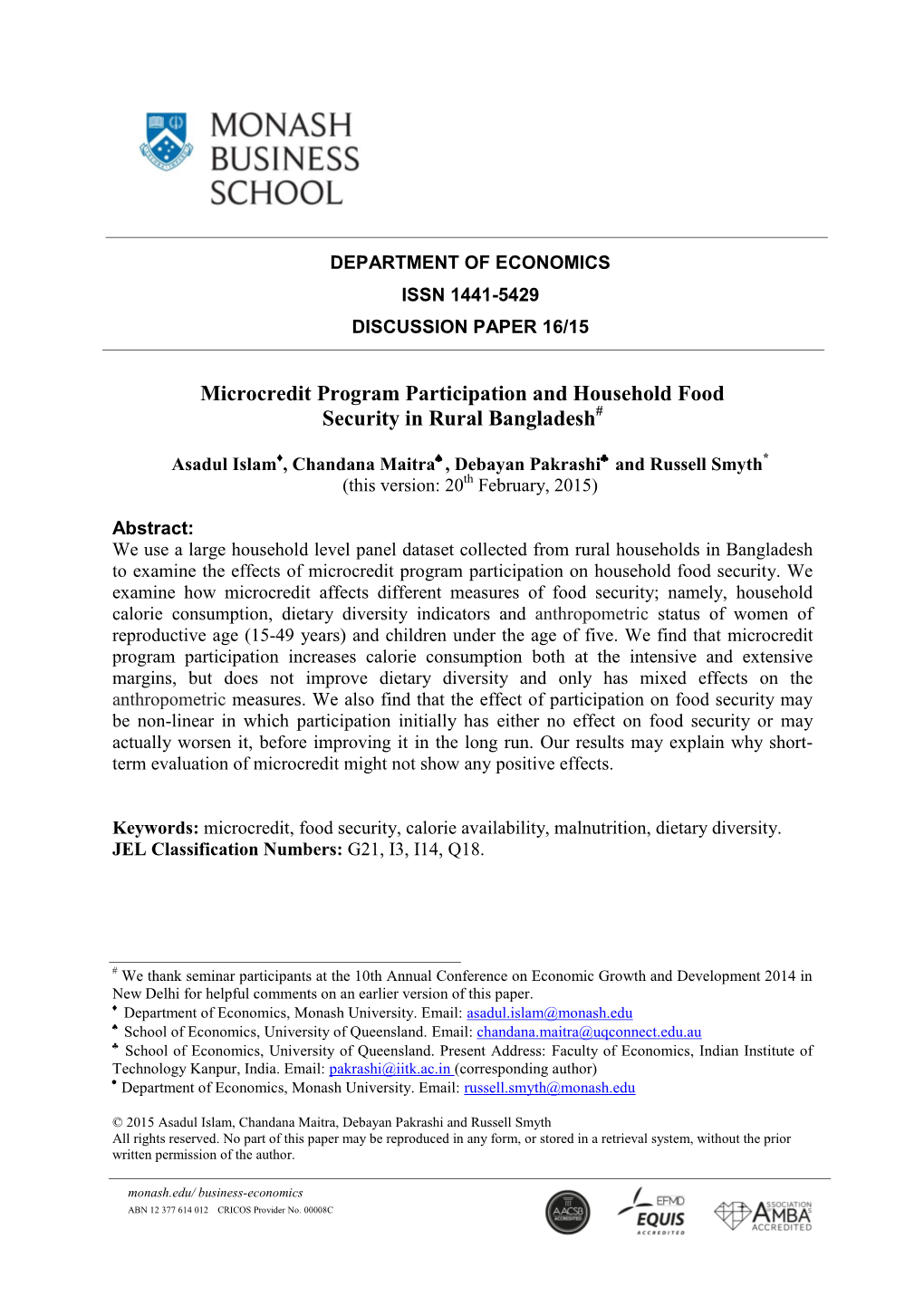 Microcredit Program Participation and Household Food Security in Rural Bangladesh