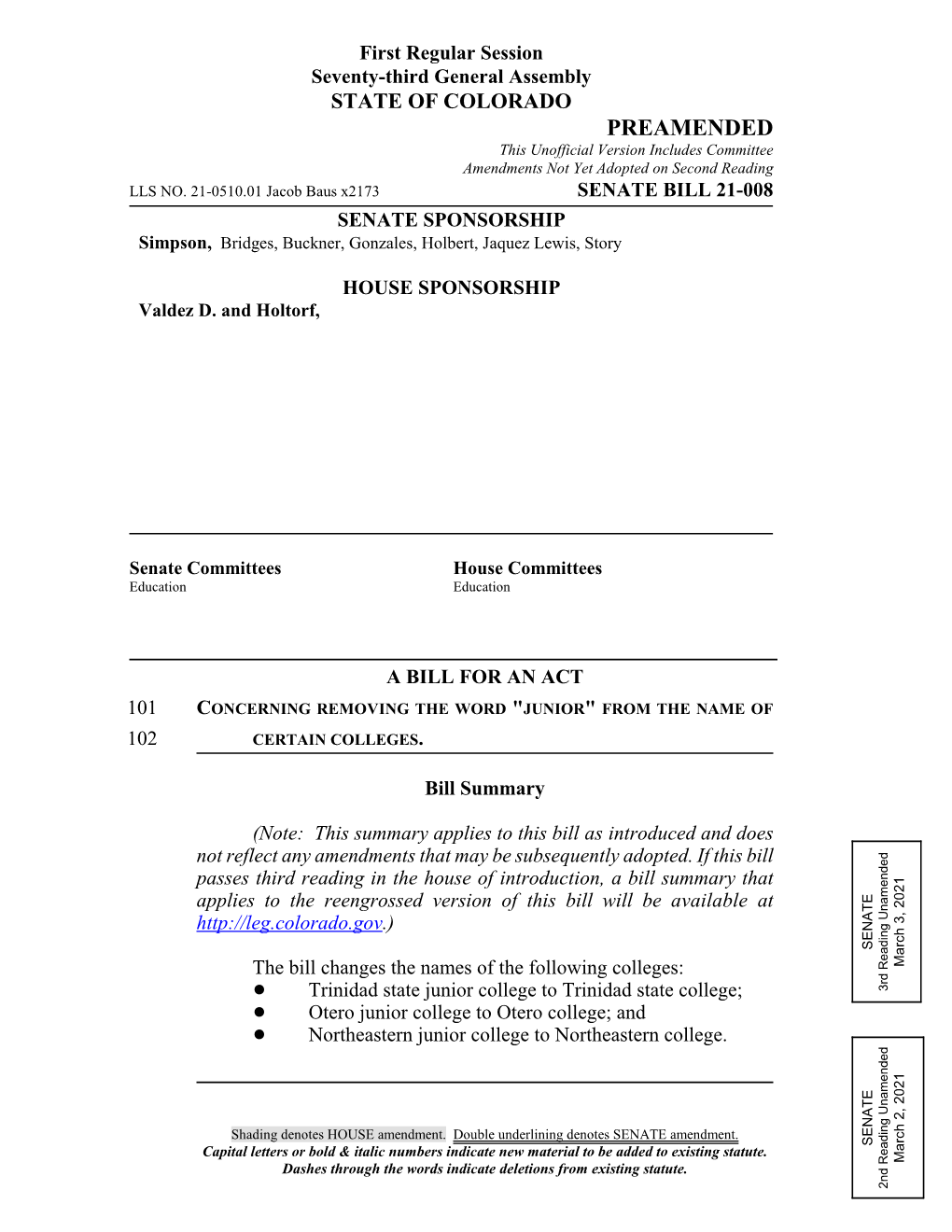 PREAMENDED This Unofficial Version Includes Committee Amendments Not Yet Adopted on Second Reading LLS NO