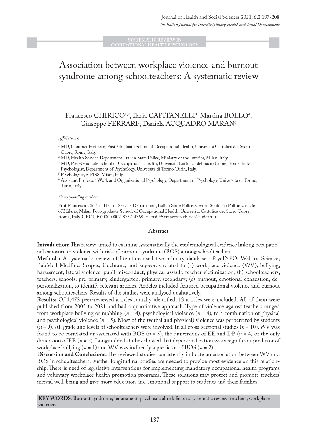 Association Between Workplace Violence and Burnout Syndrome Among Schoolteachers: a Systematic Review