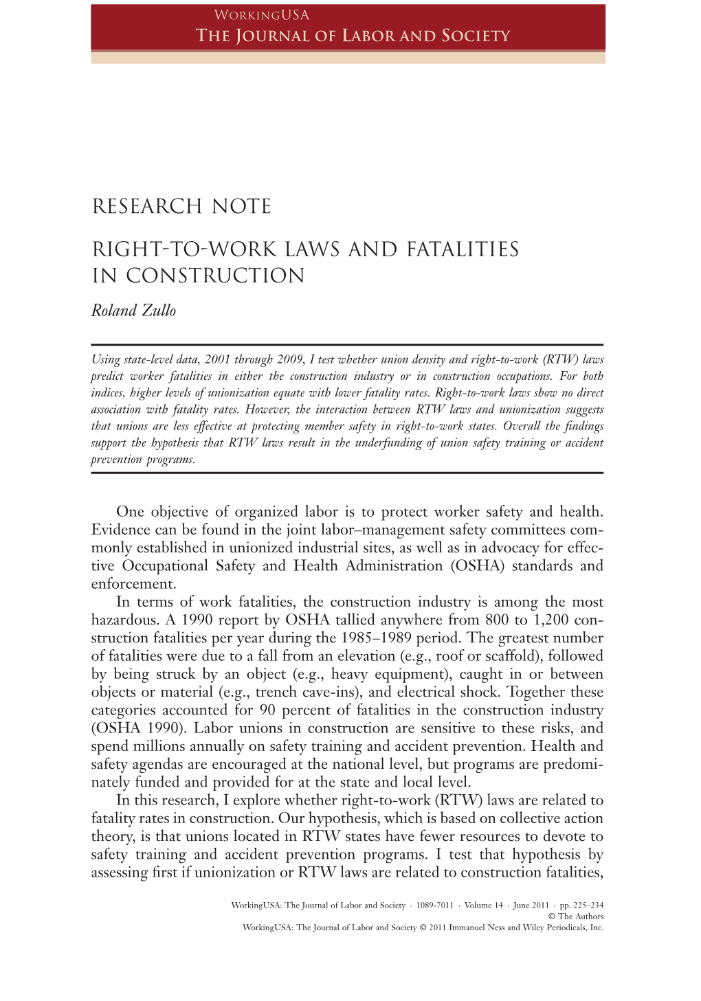 RESEARCH Notewusa 334 225..234 RIGHT-TO-WORK LAWS and FATALITIES in CONSTRUCTION