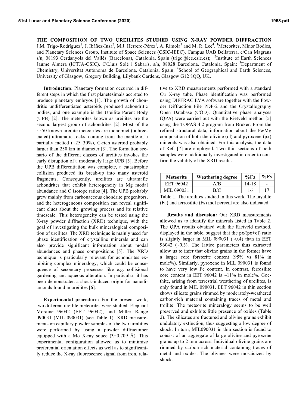 The Composition of Two Ureilites Studied Using X-Ray Powder Diffraction J.M