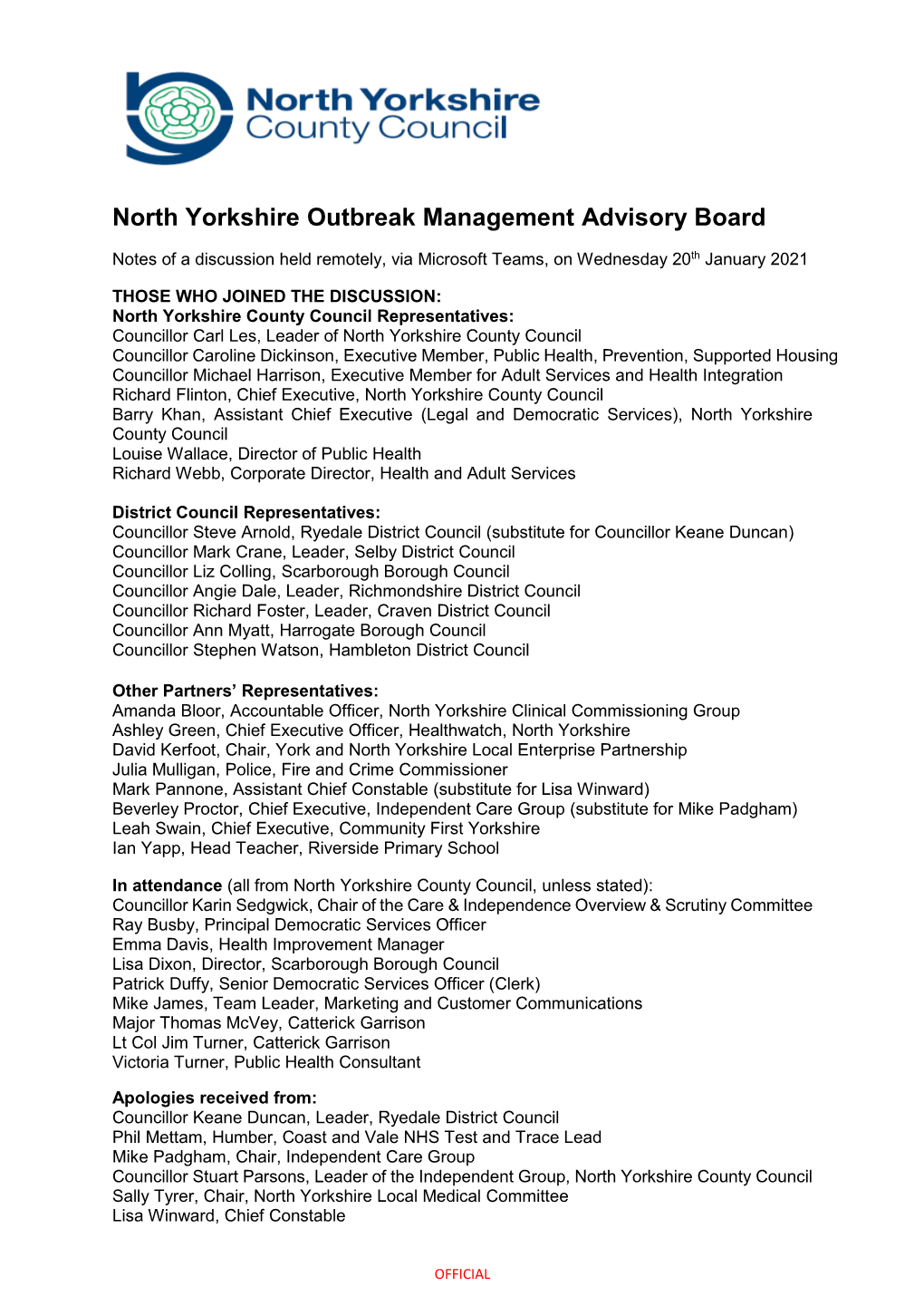 North Yorkshire Outbreak Management Advisory Board