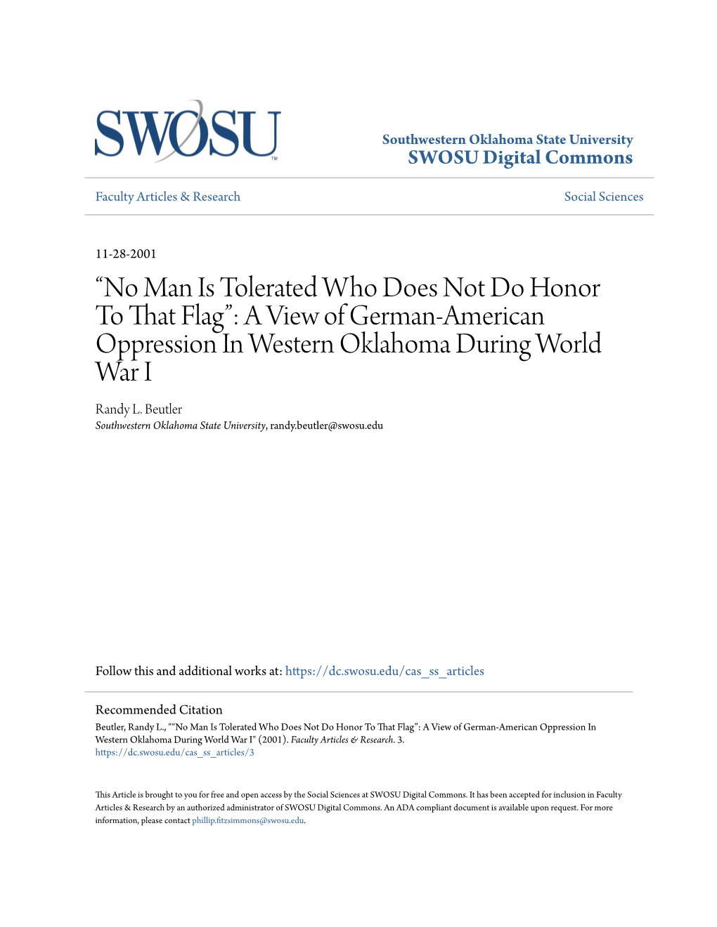 A View of German-American Oppression in Western Oklahoma During World War I Randy L