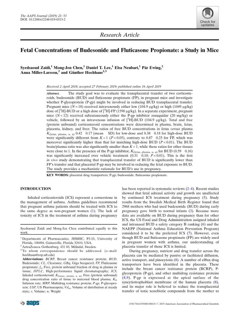 Fetal Concentrations of Budesonide and Fluticasone Propionate: a Study in Mice