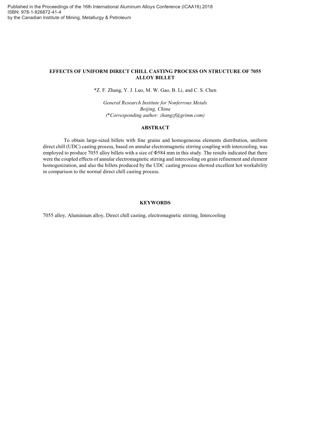 Effects of Uniform Direct Chill Casting Process on Structure of 7055 Alloy Billet