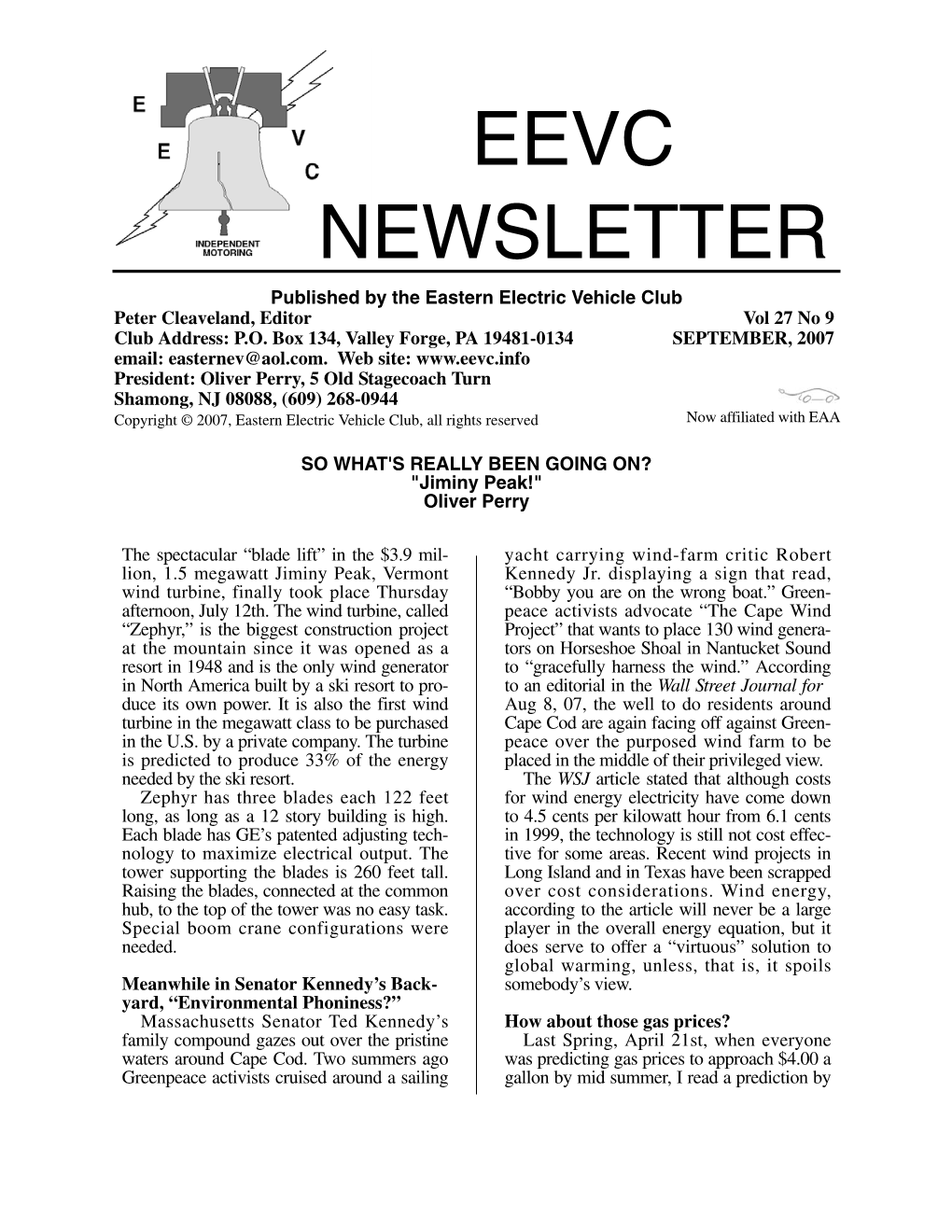 EEVC NEWSLETTER Published by the Eastern Electric Vehicle Club Peter Cleaveland, Editor Vol 27 No 9 Club Address: P.O