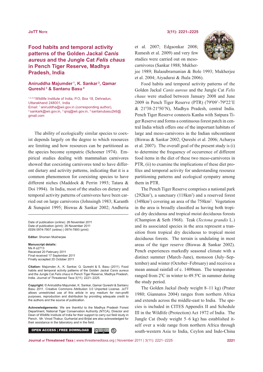 Food Habits and Temporal Activity Patterns of the Golden Jackal Canis Aureus and the Jungle Cat Felis Chaus in Pench Tiger Reser