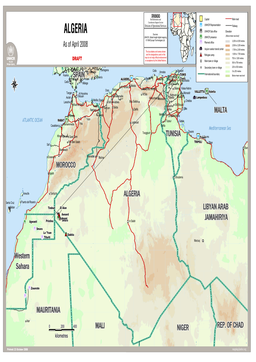 ALGERIA Sources:  (Above Mean Sea Level) UNHCR, Global Insight Digital Mapping UNHCR Presence © 1998 Europa Technologies Ltd