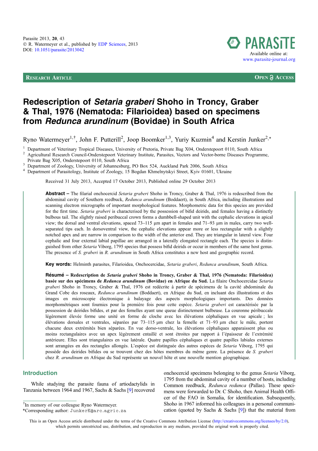 Redescription of Setaria Graberi Shoho in Troncy, Graber & Thal, 1976 (Nematoda: Filarioidea) Based on Specimens from Redunca Arundinum (Bovidae) in South Africa