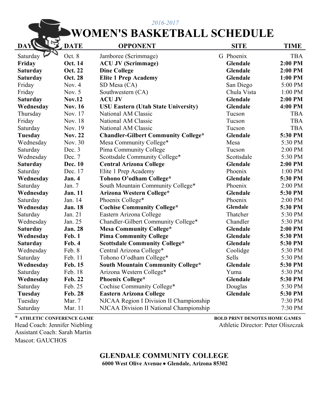 Women's Basketball Schedule