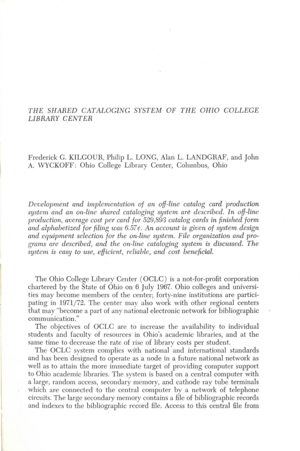 The Shared Cataloging System of the Ohio College Library Center