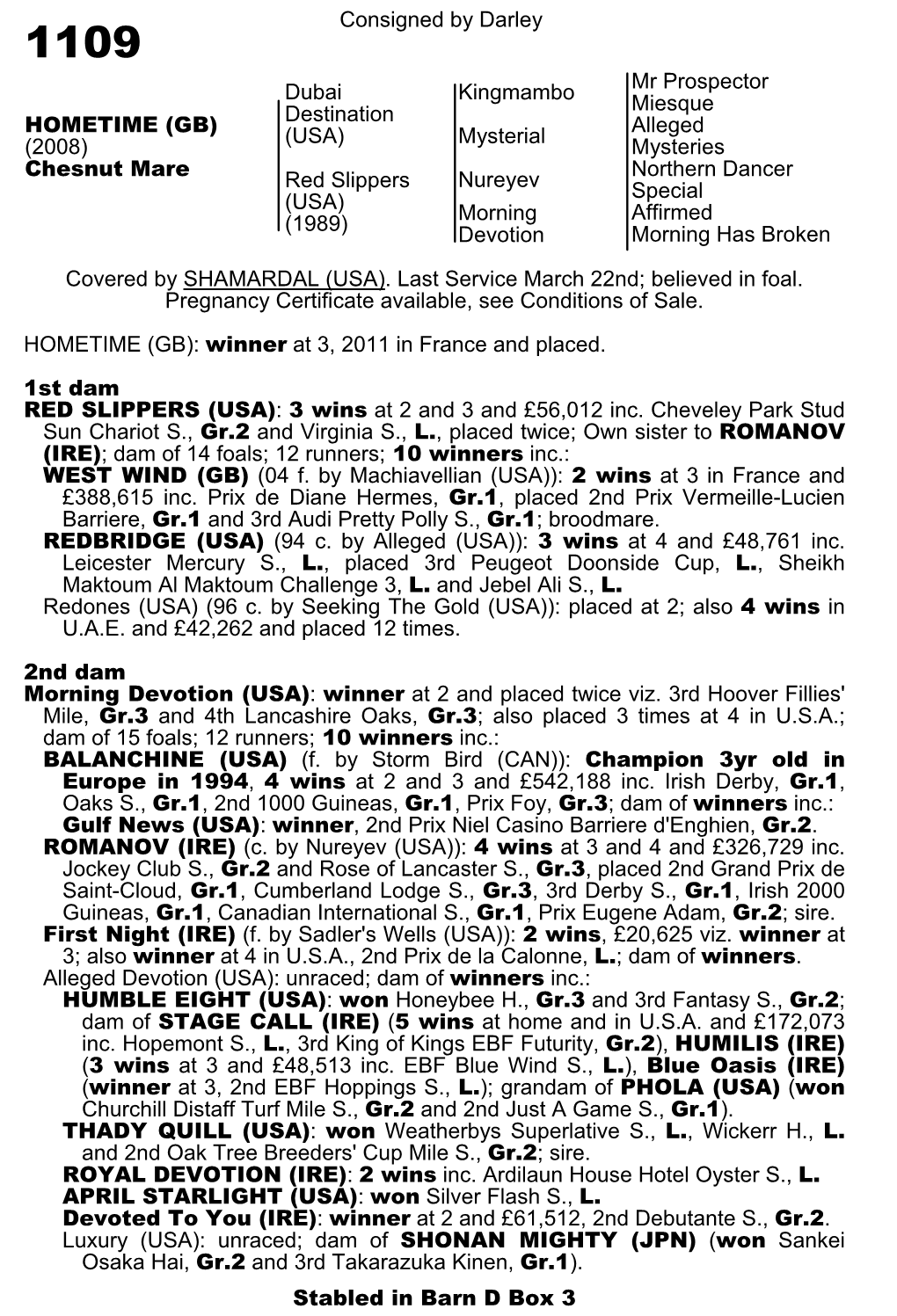 Consigned by Darley Kingmambo Mr Prospector Miesque Dubai Destination (USA) Mysterial Alleged Mysteries Nureyev Northern Dancer