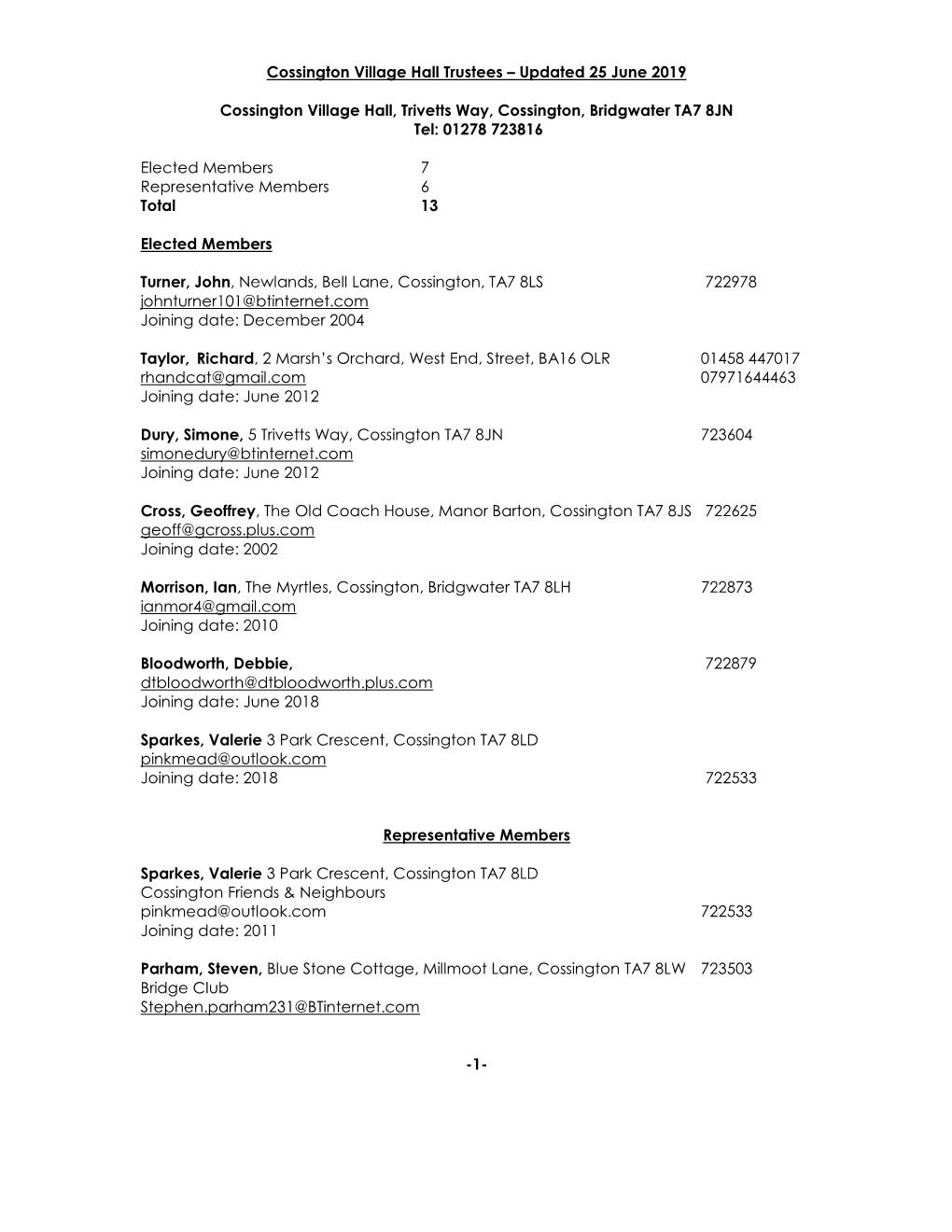 Cossington Village Hall Management Committee