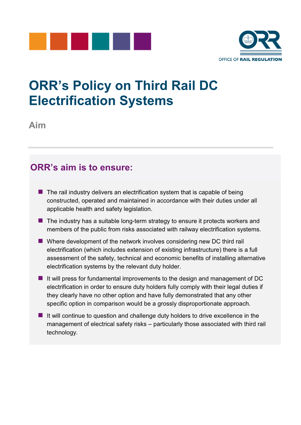 ORR's Policy on Third Rail DC Electrification Systems