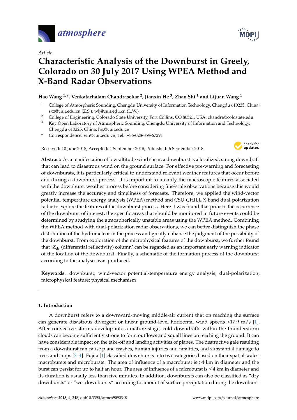 Characteristic Analysis of the Downburst in Greely, Colorado on 30 July 2017 Using WPEA Method and X-Band Radar Observations