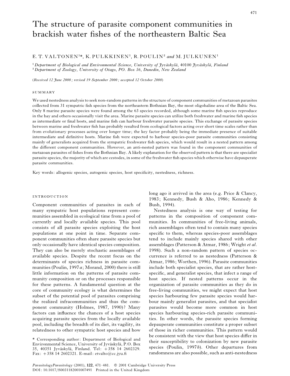 The Structure of Parasite Component Communities in Brackish Water ﬁshes of the Northeastern Baltic Sea