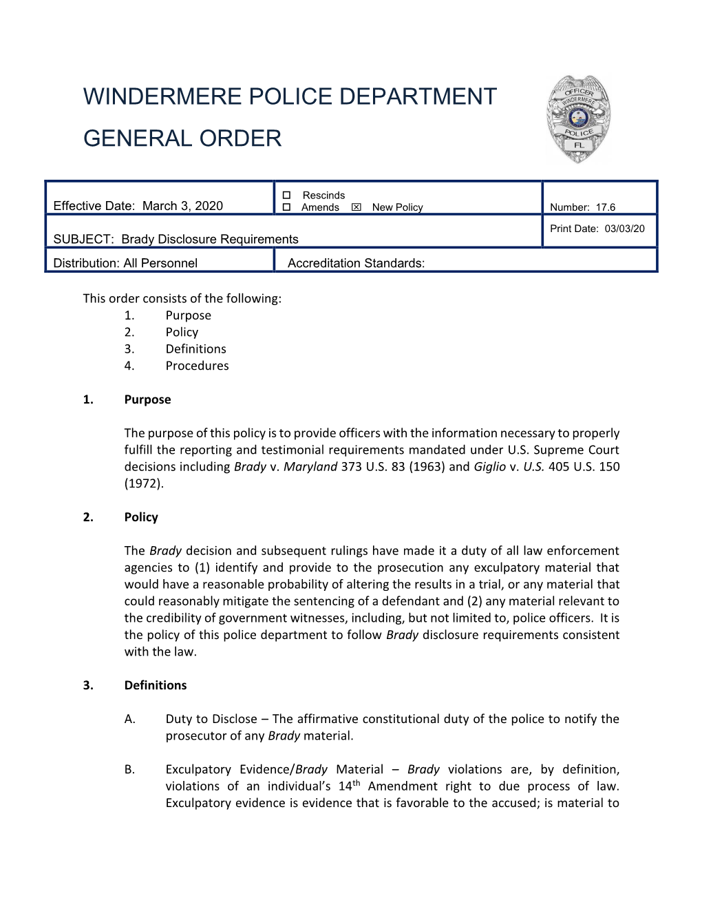 Windermere Police Department General Order