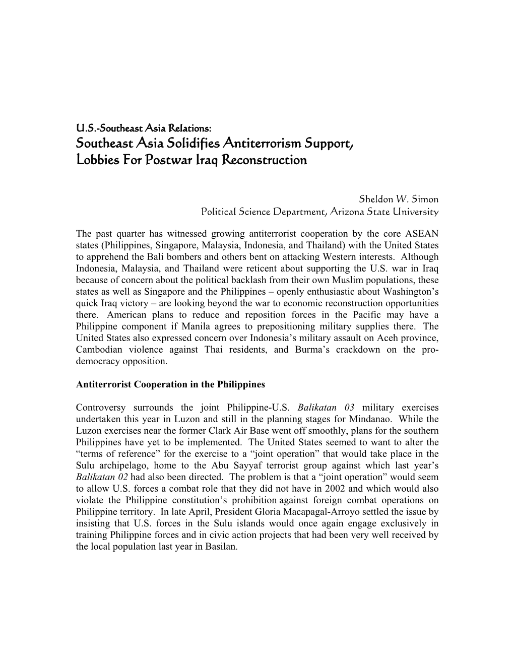 Southeast Asia Solidifies Antiterrorism Support, Lobbies for Postwar Iraq Reconstruction