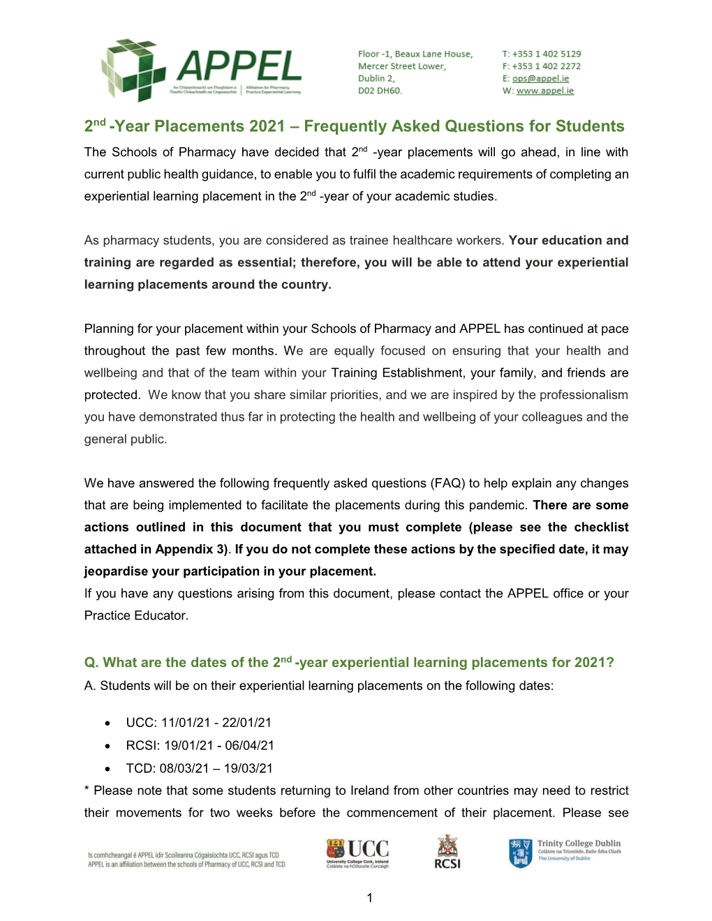 APPEL Student FAQ and Additional Placement Requirements Year 2