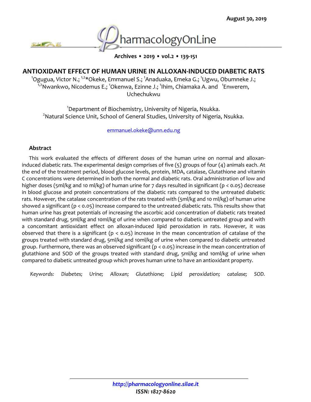 Antioxidant Effect of Human Urine in Alloxan-Induced Diabetic Rats