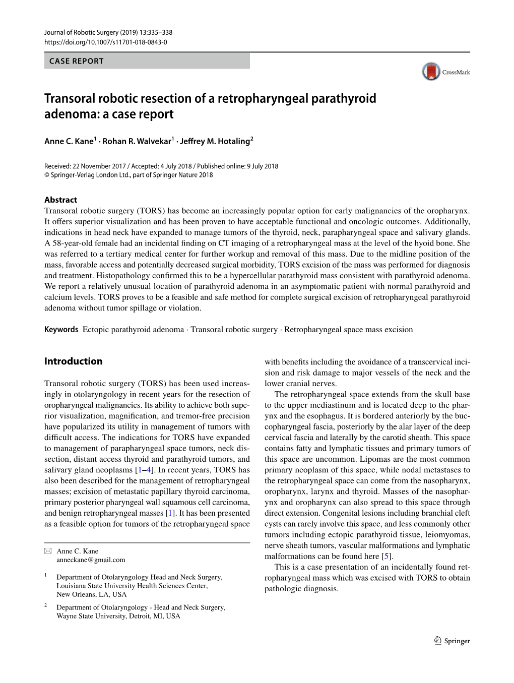 Transoral Robotic Resection of a Retropharyngeal Parathyroid Adenoma: a Case Report