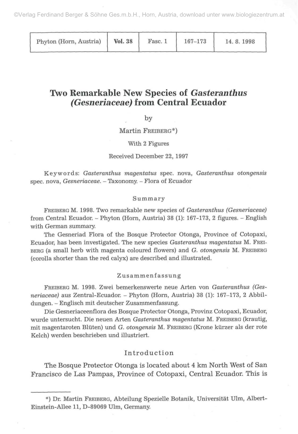 Two Remarkable New Species of Gasteranthus (Gesneriaceae) from Central Ecuador by Martin FREIBERG*)