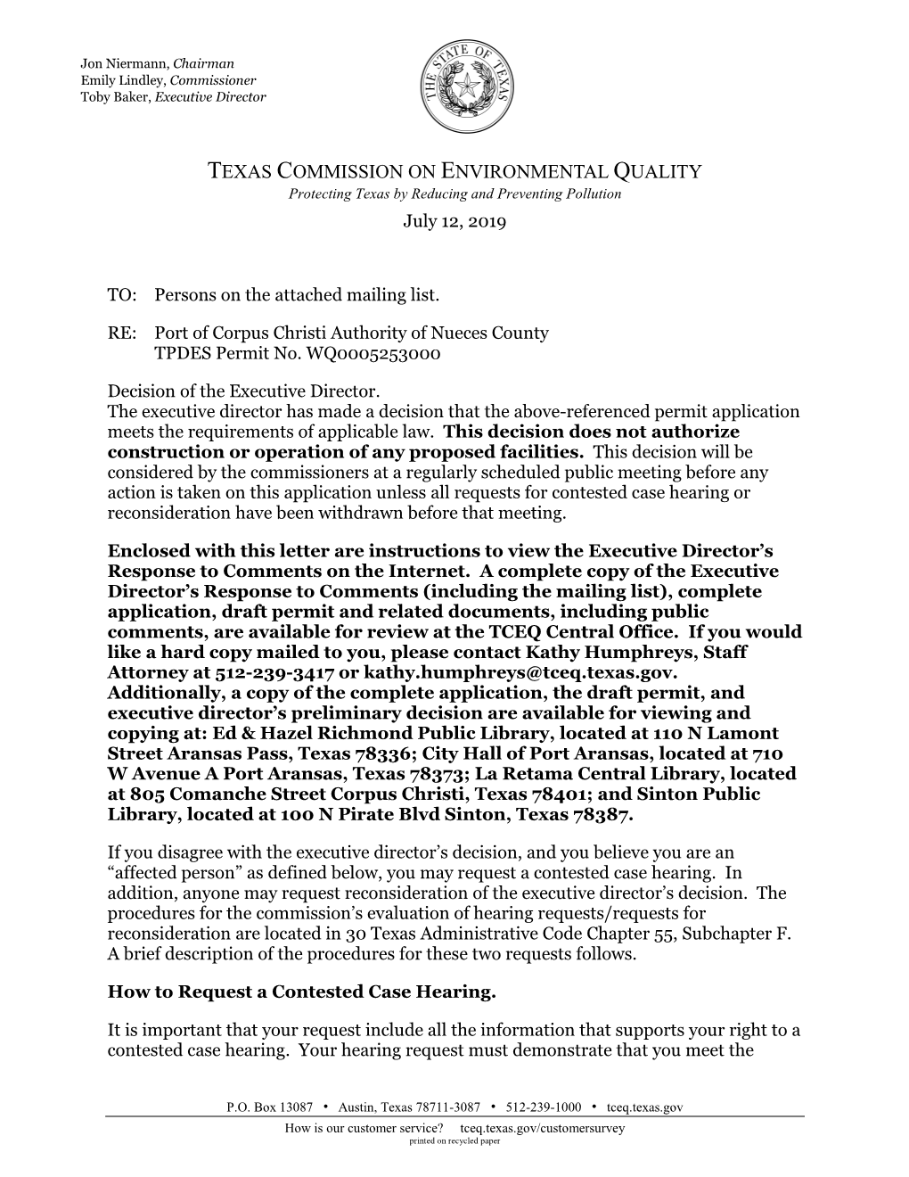 Letter Notifying of Executive Director's Final Decision Regarding Water Quality Permit Application