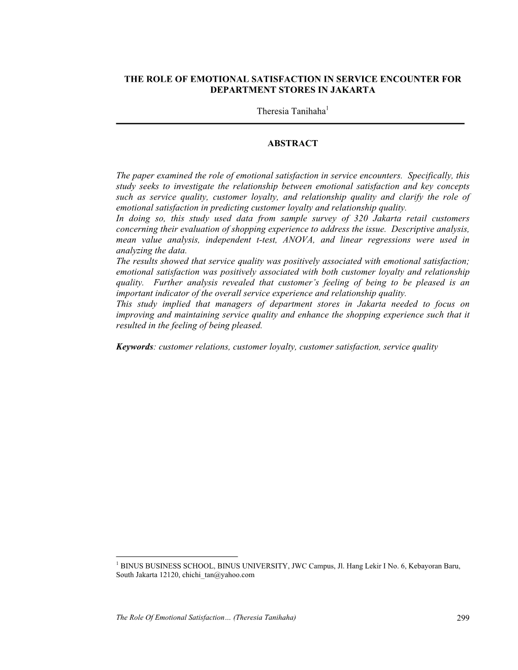 The Role of Emotional Satisfaction in Service Encounter for Department Stores in Jakarta