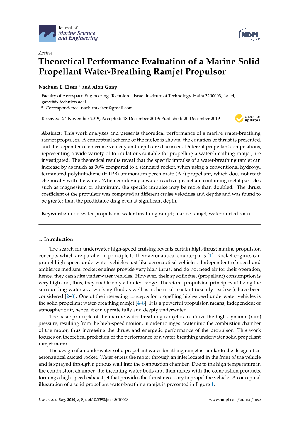 Theoretical Performance Evaluation of a Marine Solid Propellant Water-Breathing Ramjet Propulsor